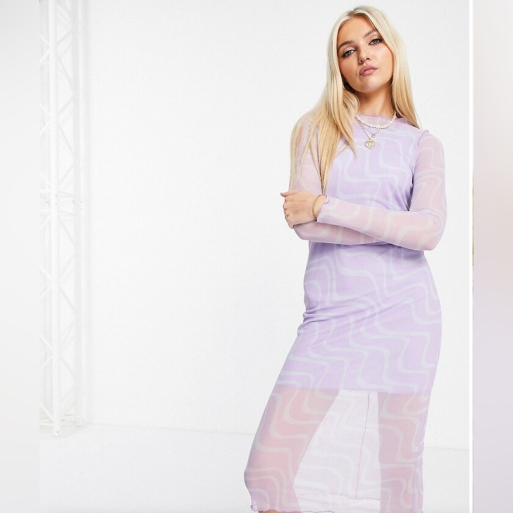 ASOS Design Mesh Long Sleeve Midi Dress in Purple Swirl Print